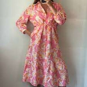 J.McLaughlin NEW Foley Pink Abstract Collar Linen Dress SMALL Resort Vacation